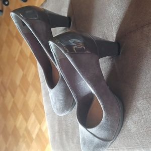 Clarks heels. Grey, suede. Slightly platformed.